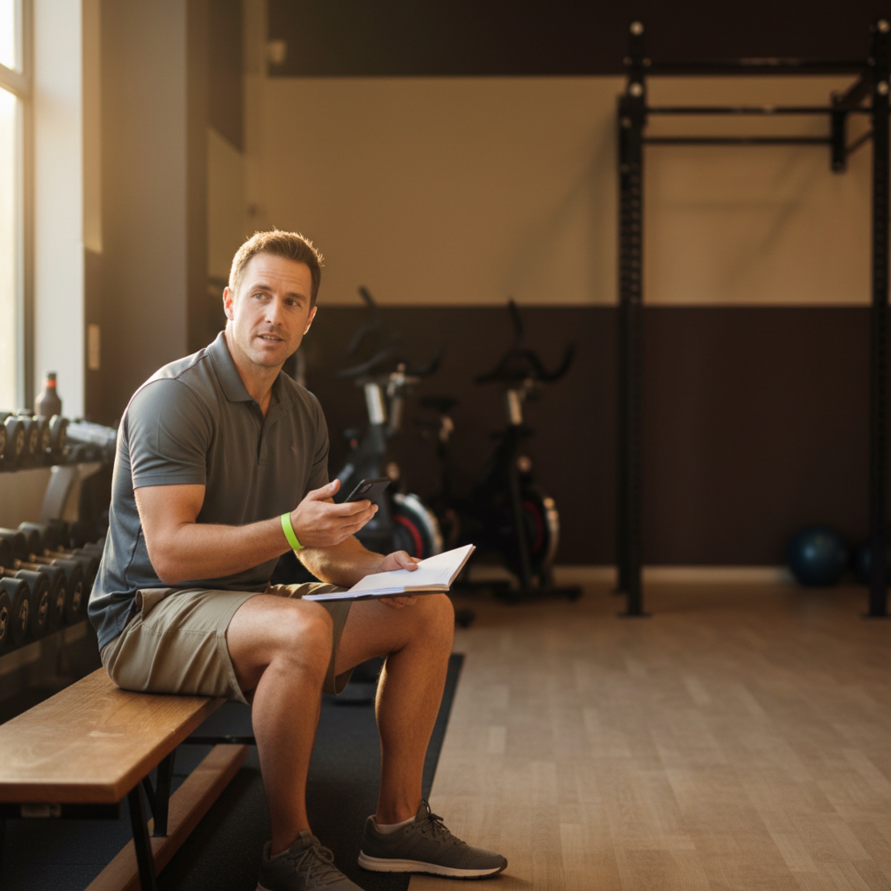 A coach sitting on a bench at the edge of a gym floor with a notebook and phone, mid-conversation