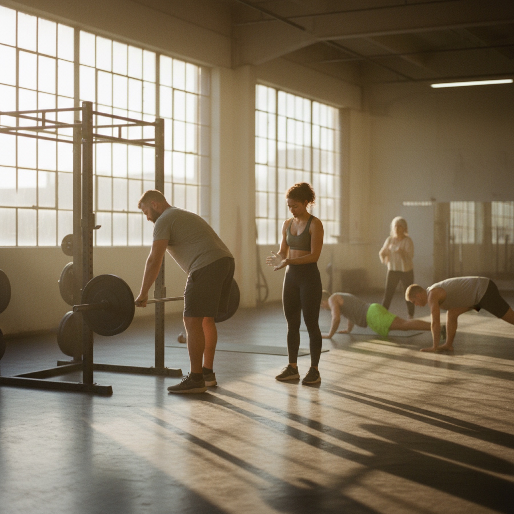 Four adults of mixed ages training in a bright warehouse gym at sunrise, one racking a barbell while another chalks her hands