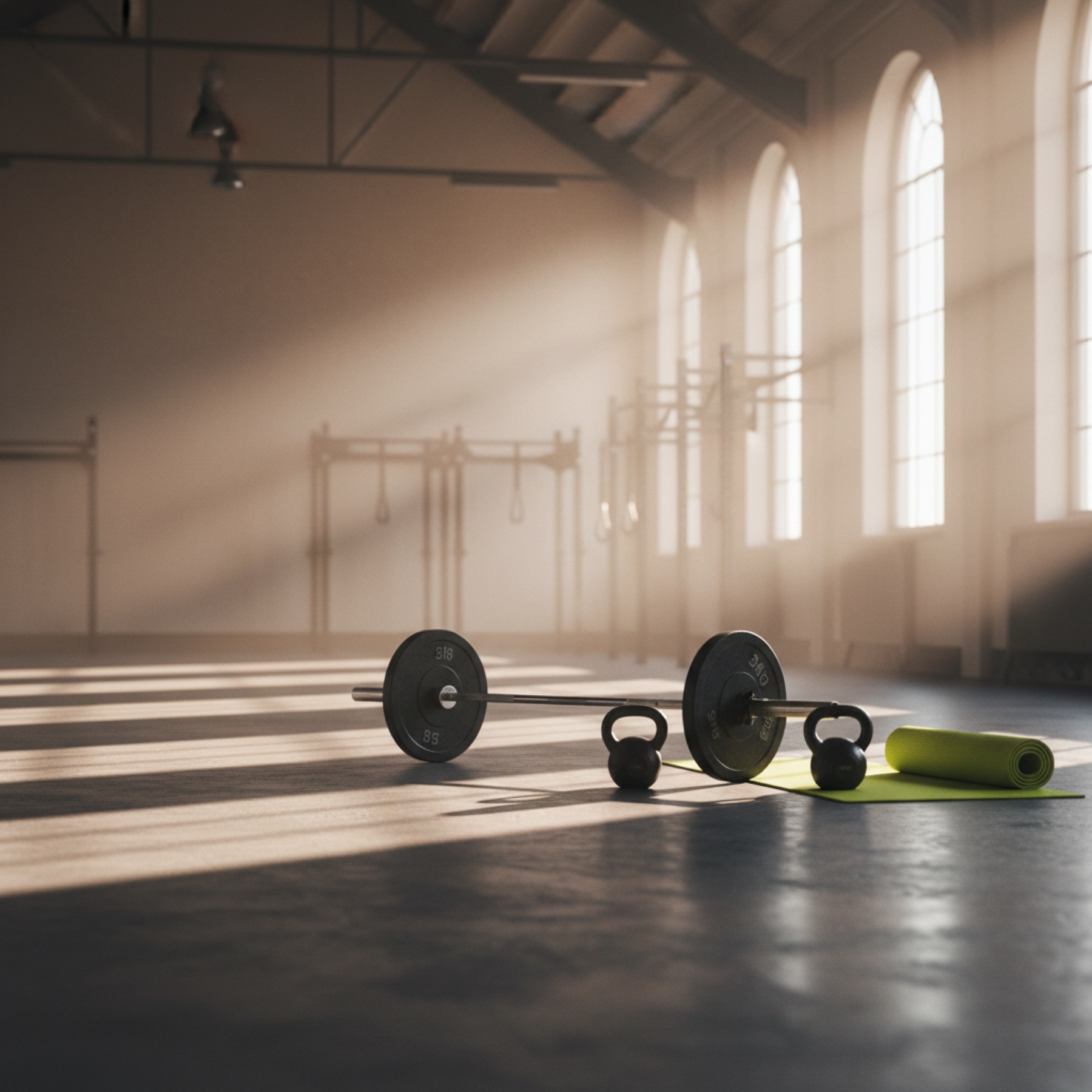 An empty gym floor at dawn with a loaded barbell, two kettlebells and a rolled mat set out ready
