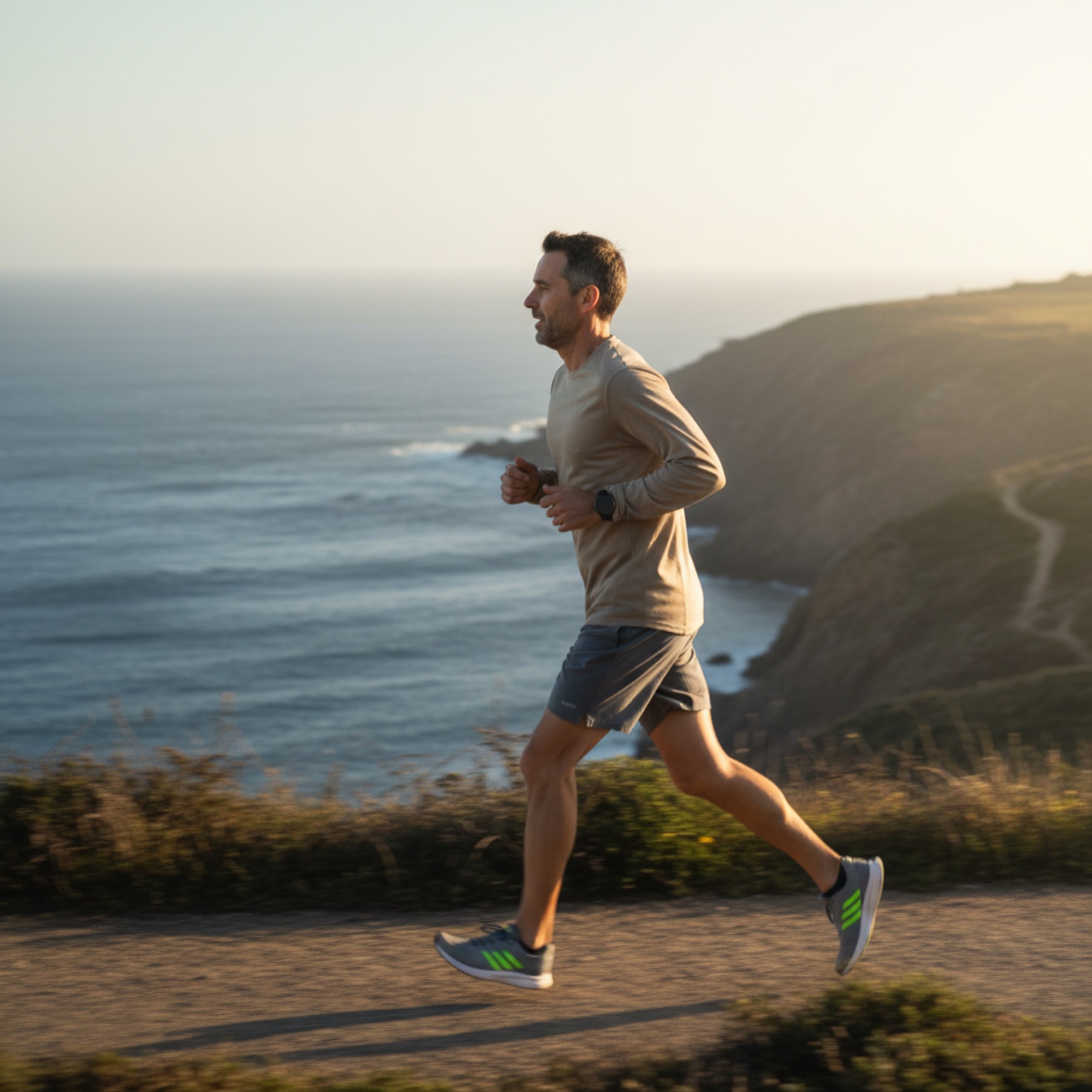 A man running an easy pace along a coastal path in early morning light