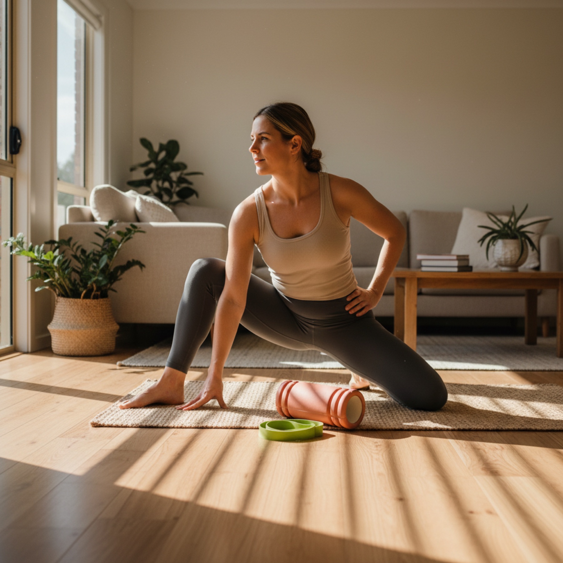 A person on a mat in a sunlit living room holding a deep supported hip stretch