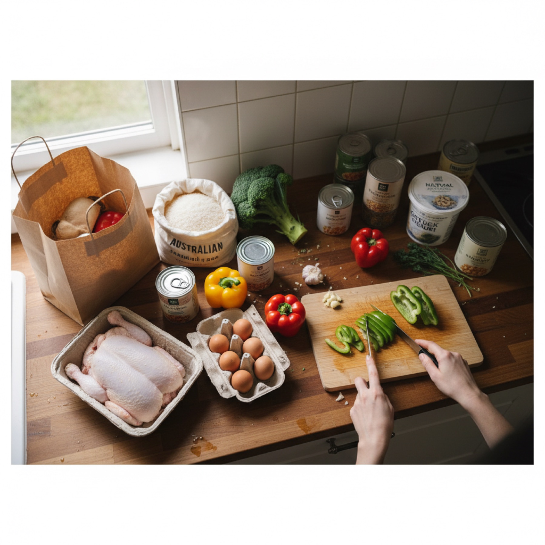An overhead view of a kitchen bench with a half-unpacked shop of chicken, eggs, rice and vegetables