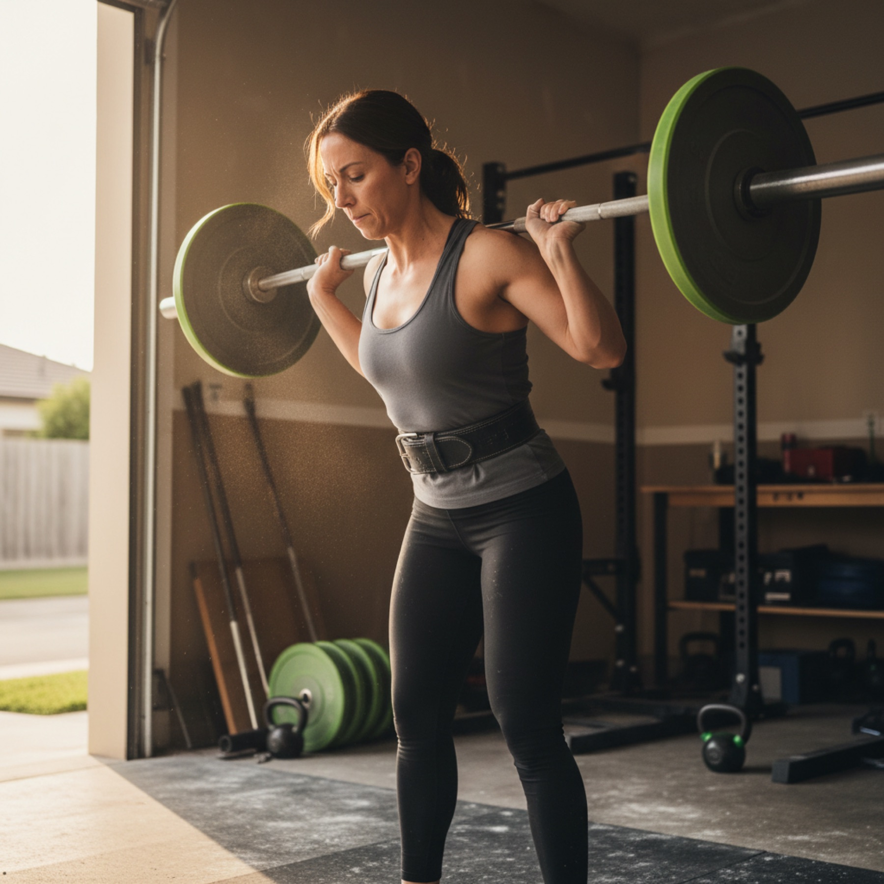 A woman setting up for a barbell back squat in a home garage gym, hands wide on the bar