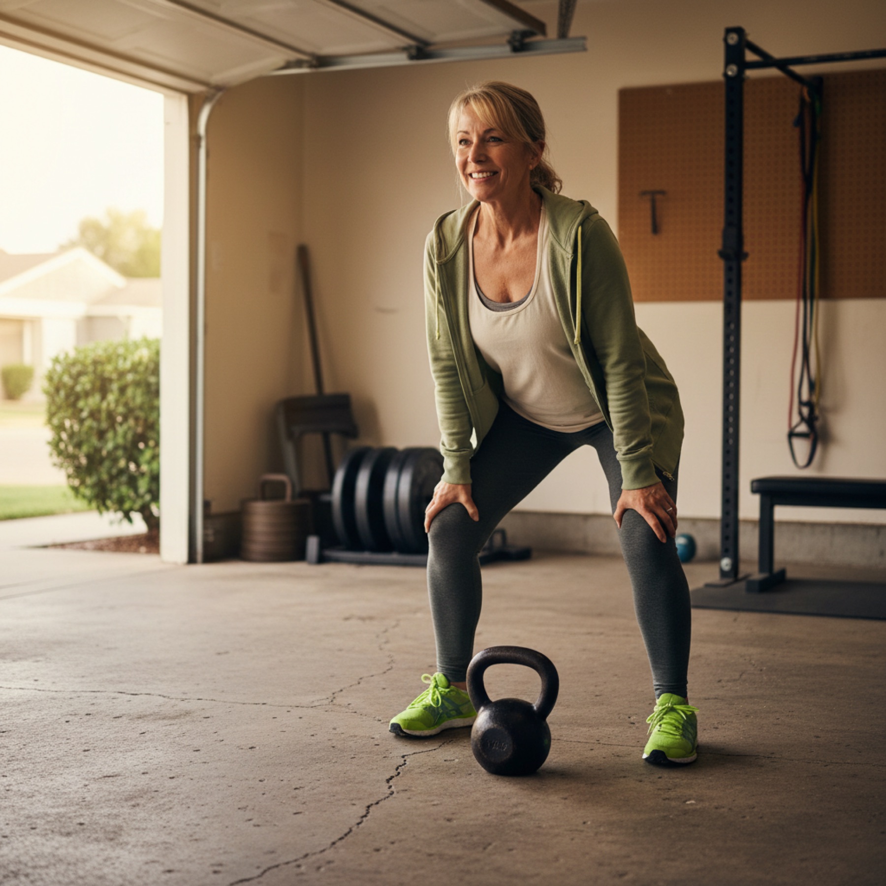 A woman in her fifties catching her breath after a set of kettlebell swings in a suburban garage gym