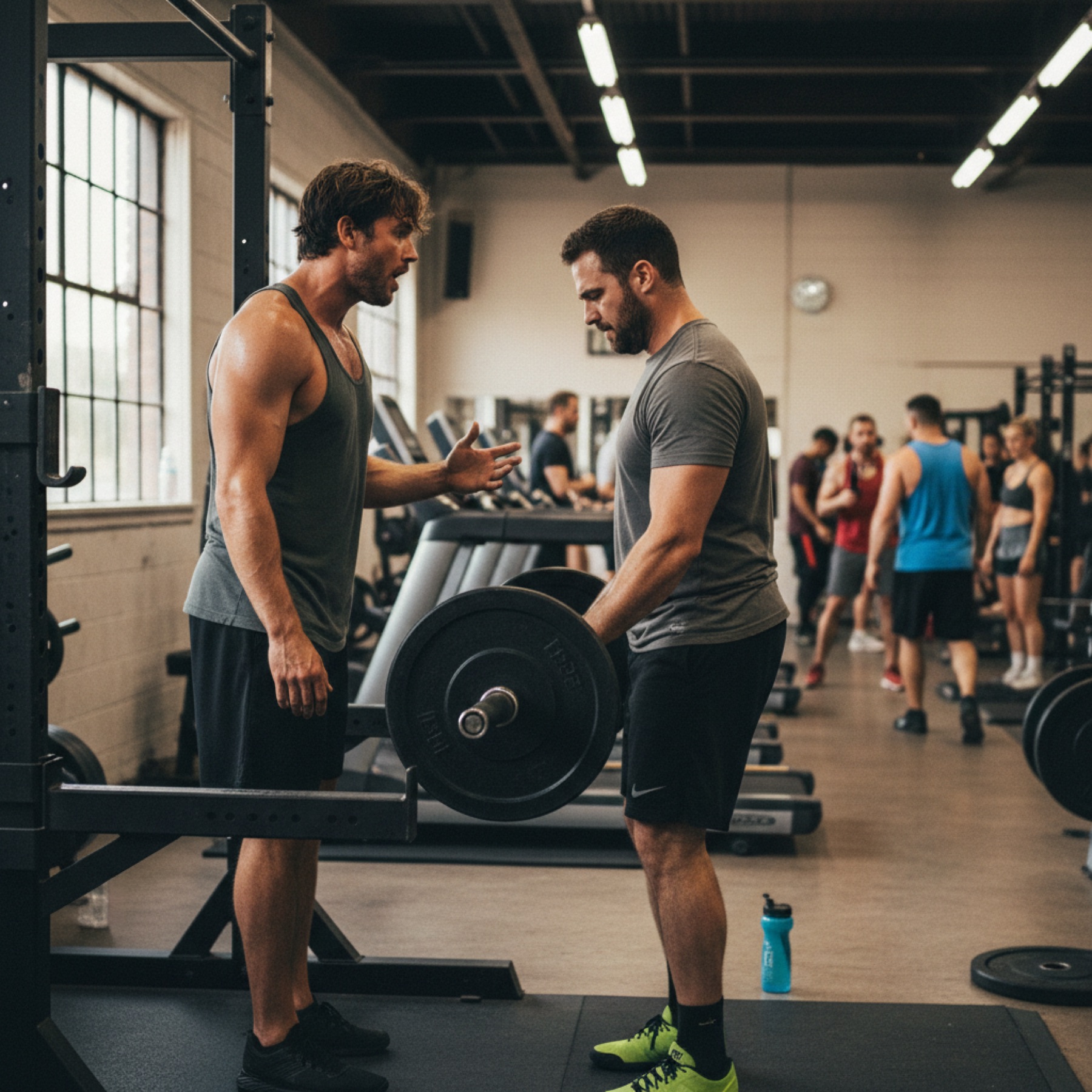 Two men resetting plates on a barbell between sets in a busy community gym